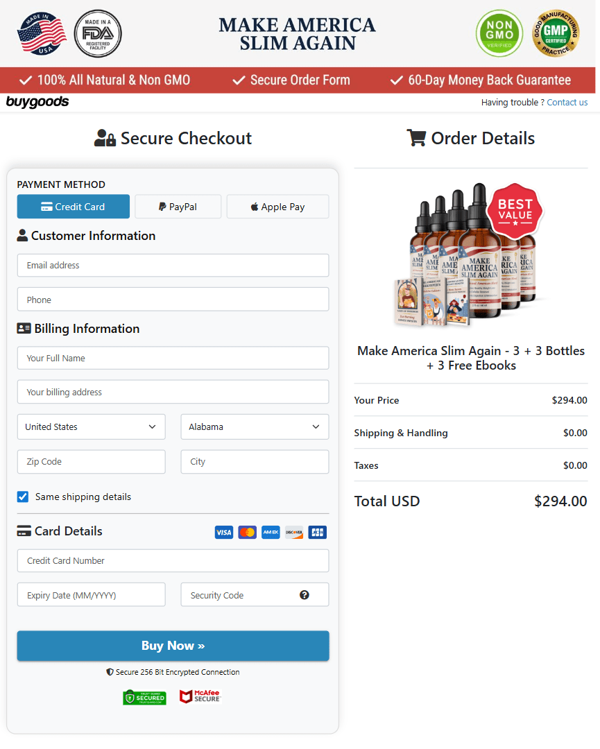Make America Slim Again order checkout page